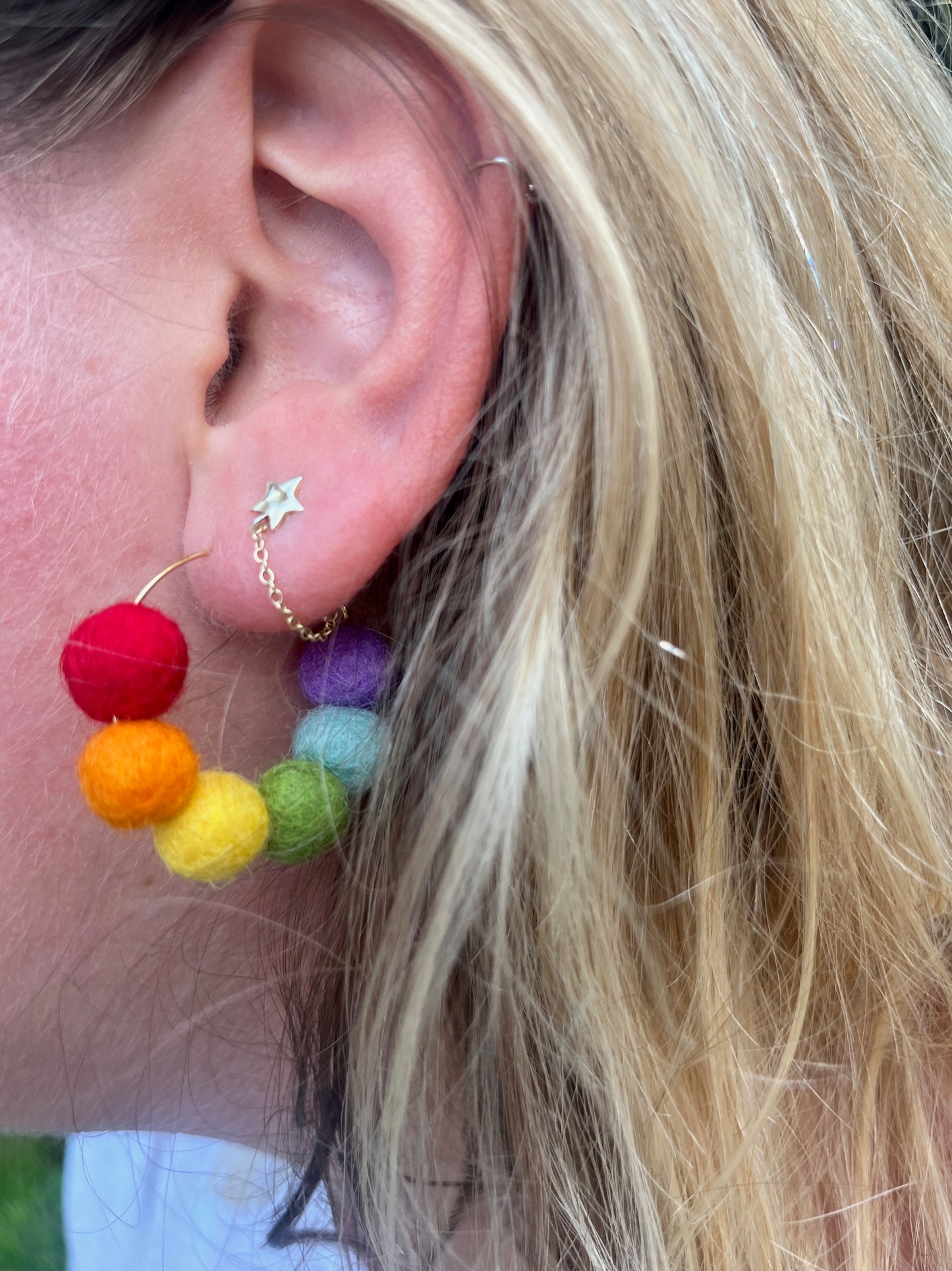 Rainbow Felt Ball Hoop Earring