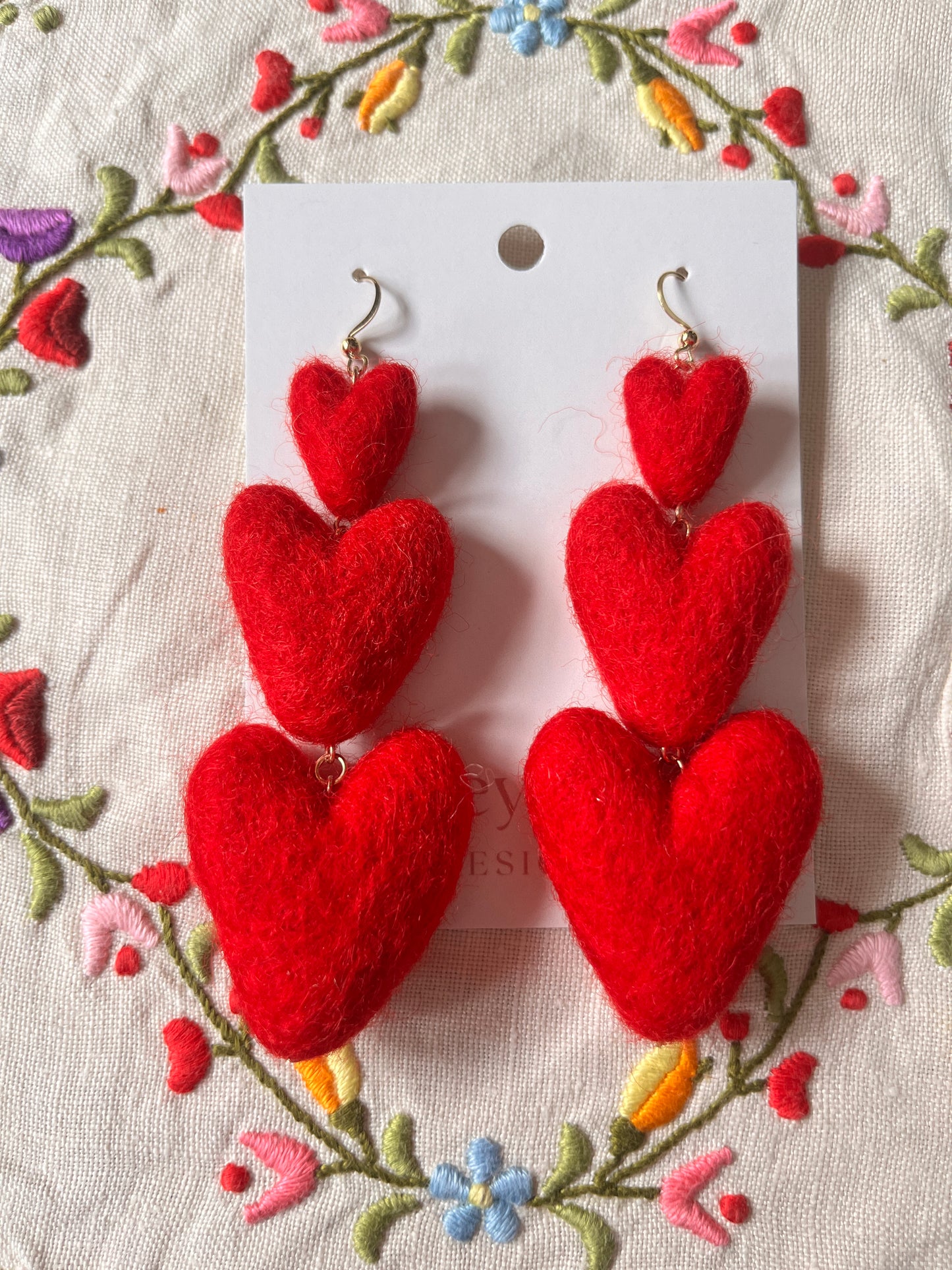 Three Tiered Heart Felt Dangle Earrings