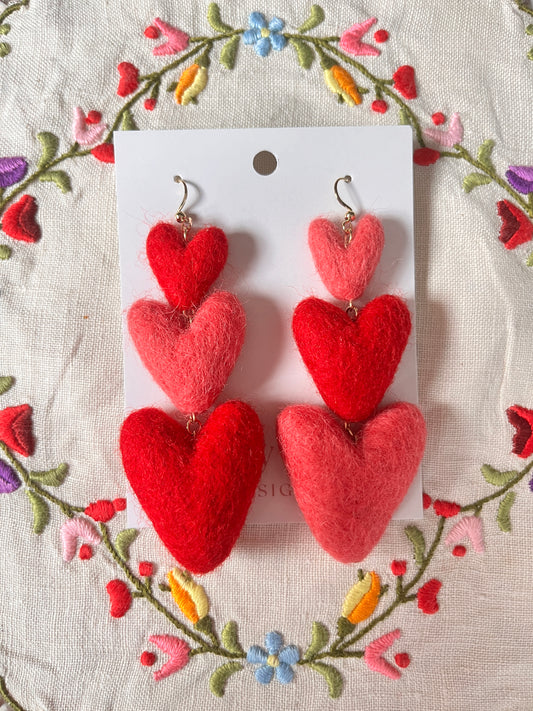 Three Tiered Heart Felt Dangle Earrings