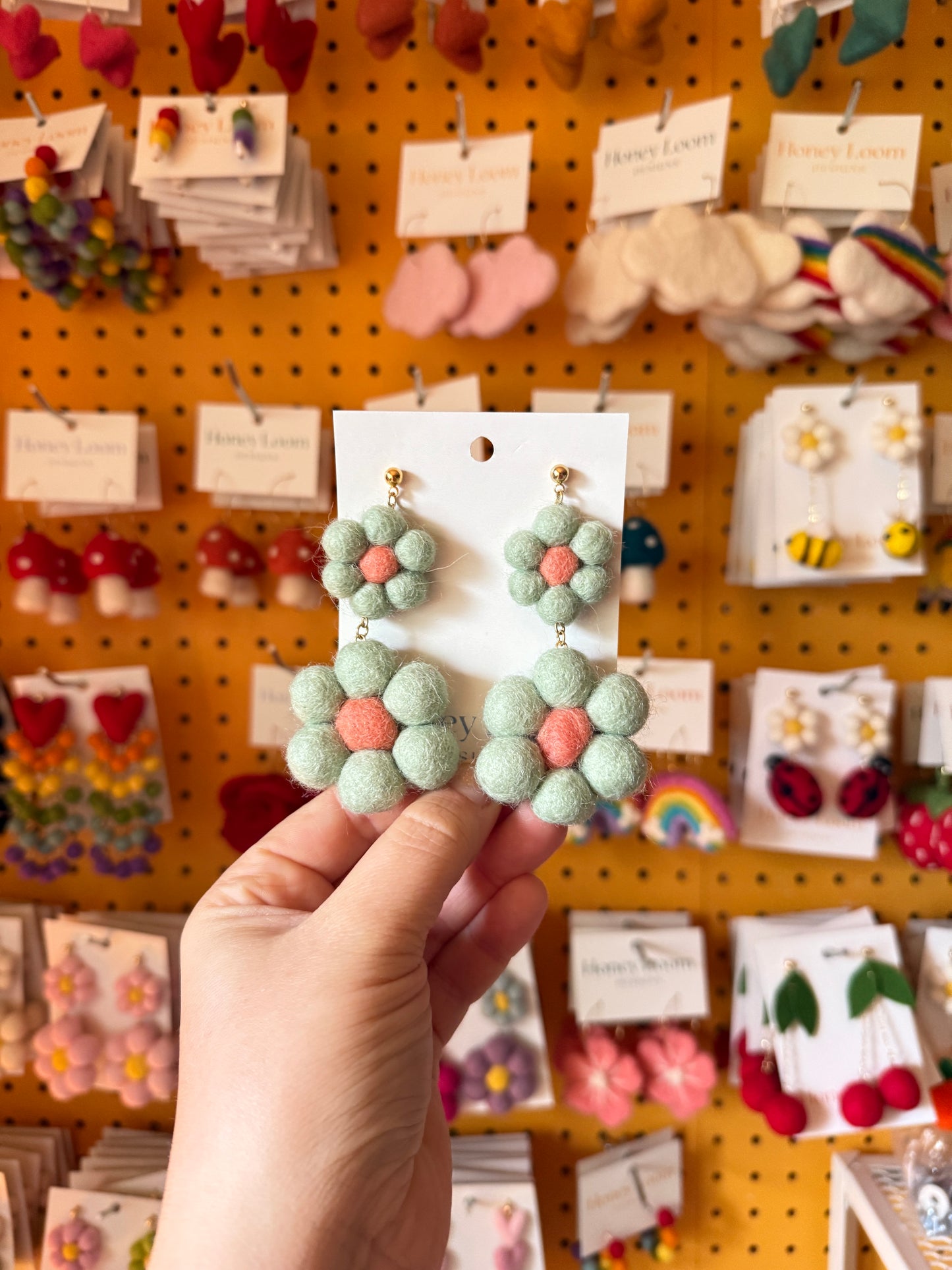 Sea Green Daisy Dangle Felt Earrings
