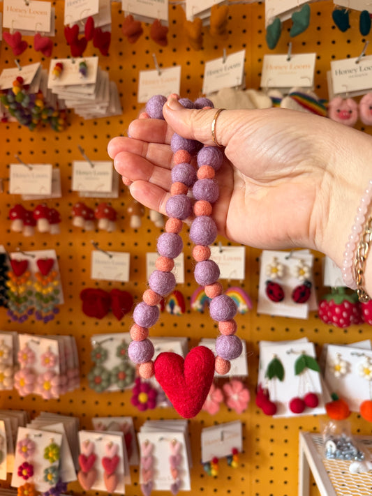 Purple and Orange with Red Heart Felted Necklace