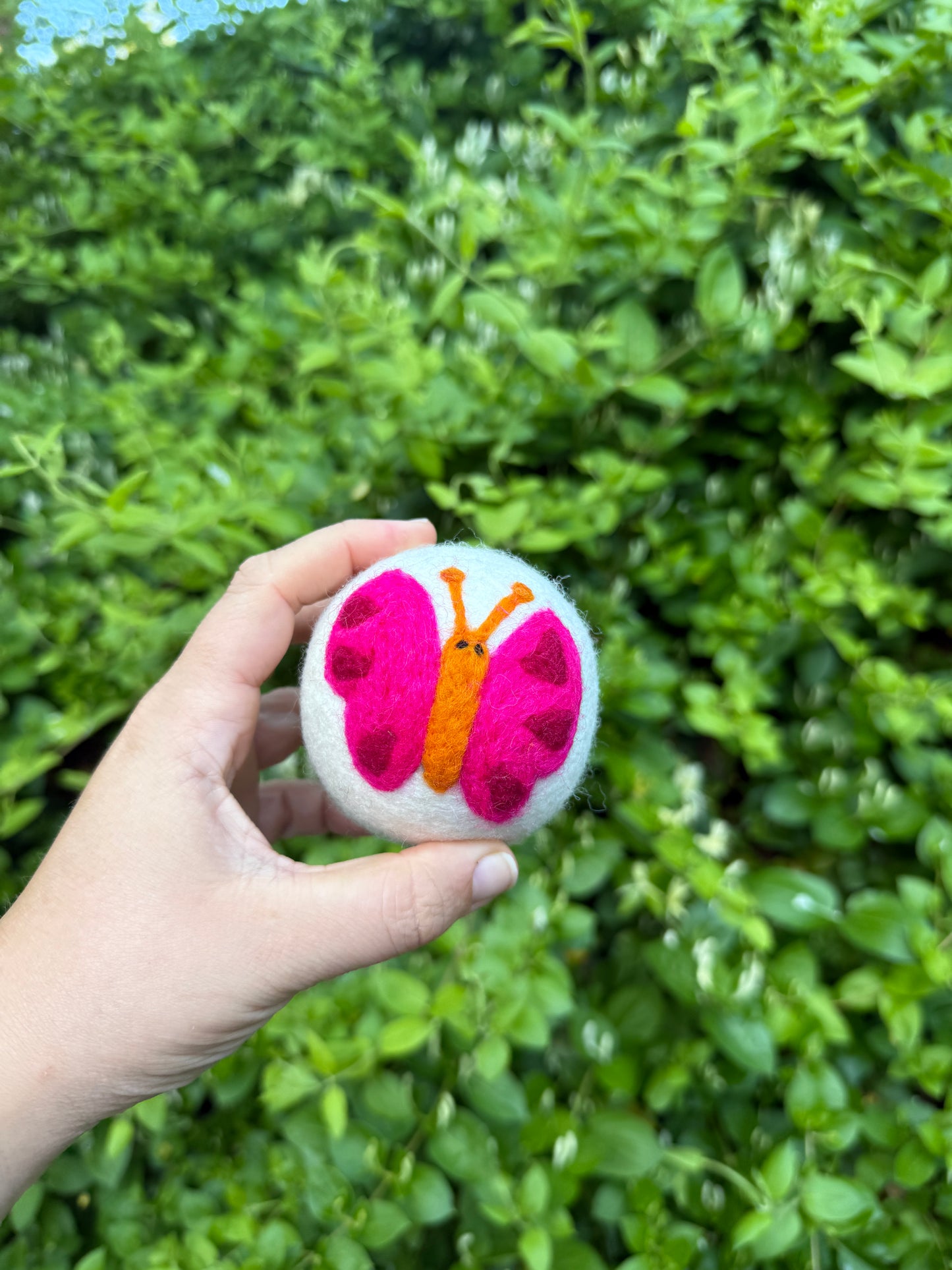 Pink Butterfly on White Wool Dryer Ball