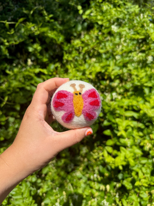 Pink Butterfly on White Wool Dryer Ball