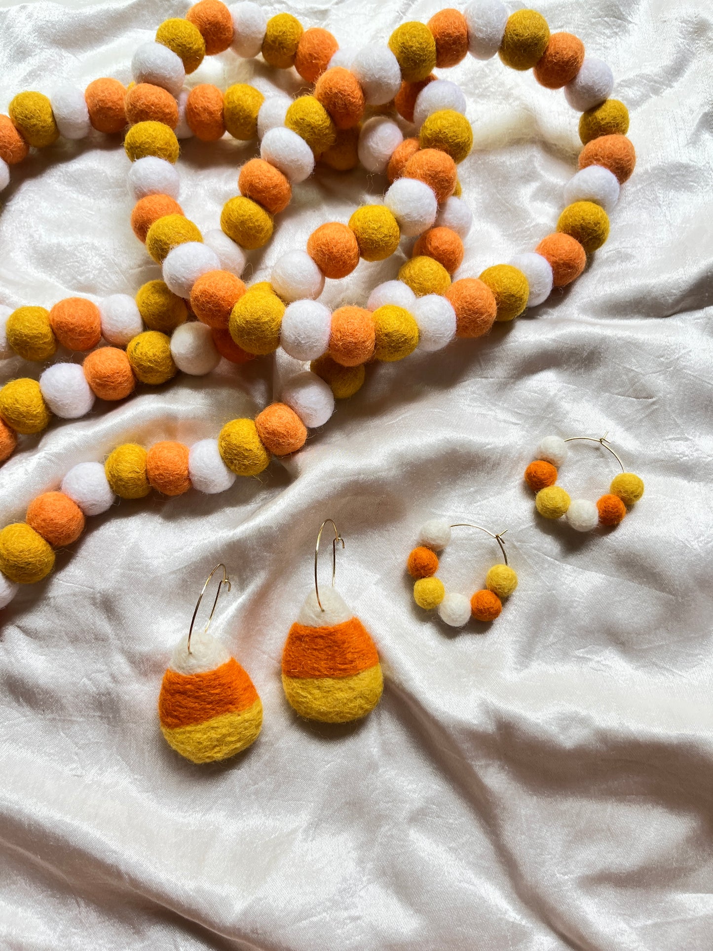 Candy Corn Felt Ball Hoop Earring