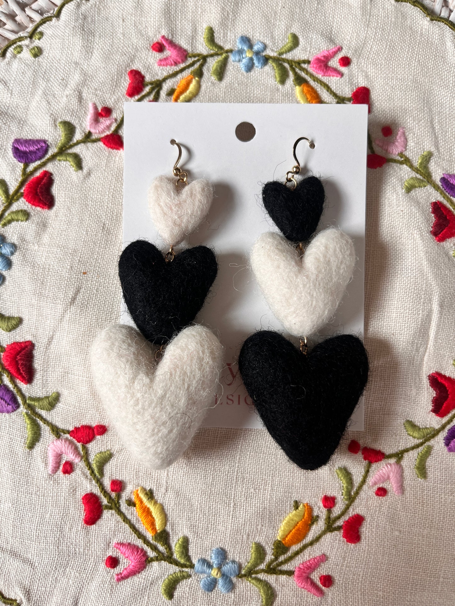 Three Tiered Heart Felt Dangle Earrings