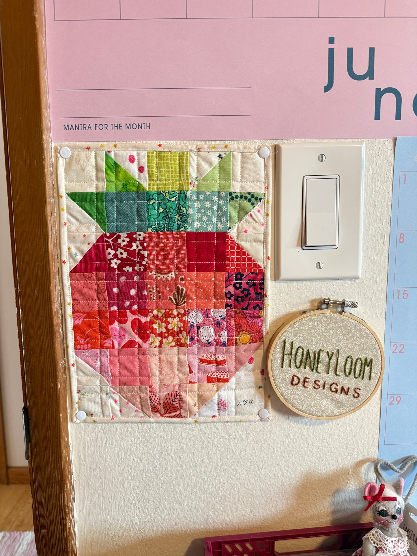 Handmade Sewn Scrappy Strawberry Wall Hanging or Trivet