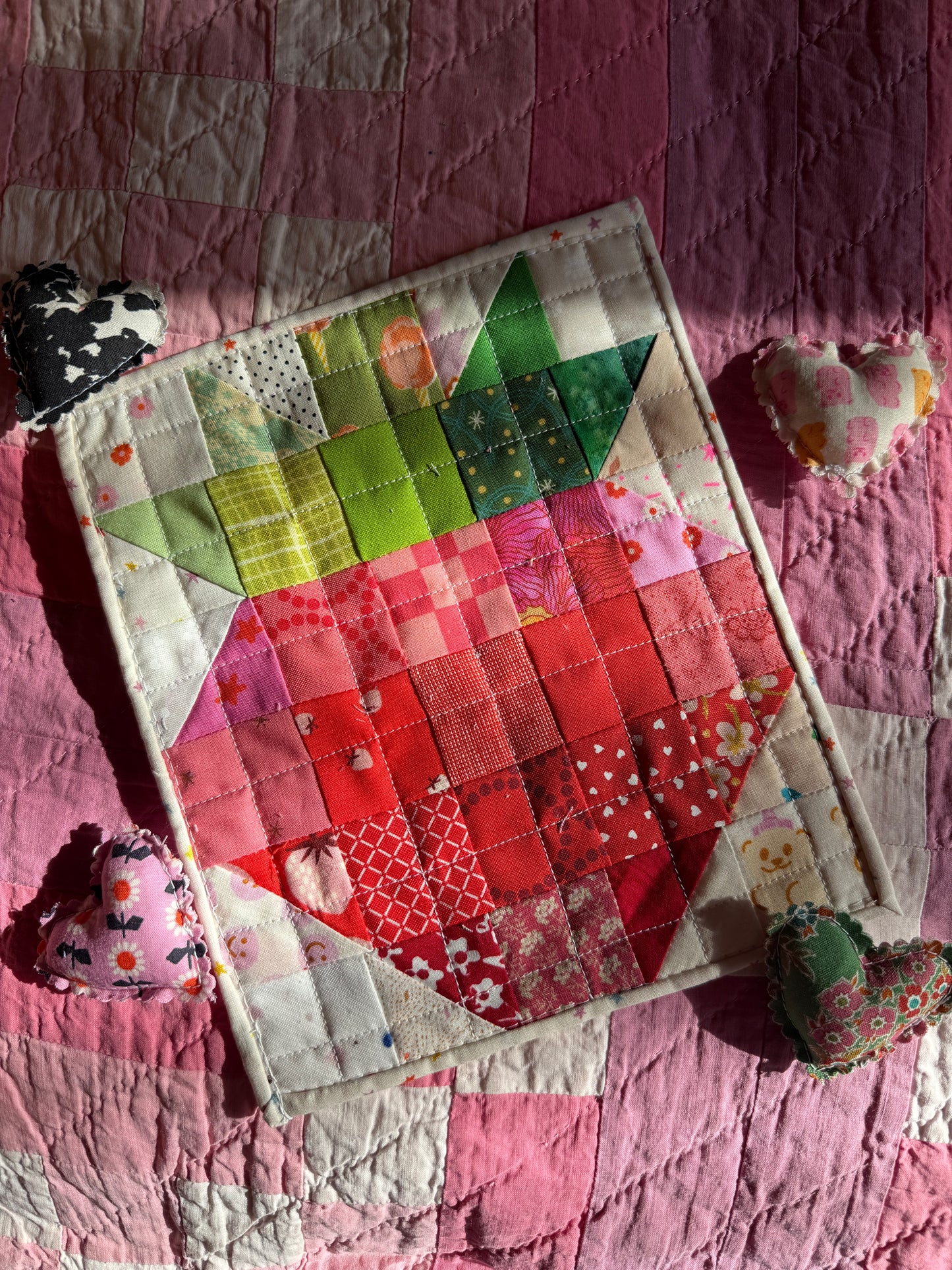 Handmade Sewn Scrappy Strawberry Wall Hanging or Trivet