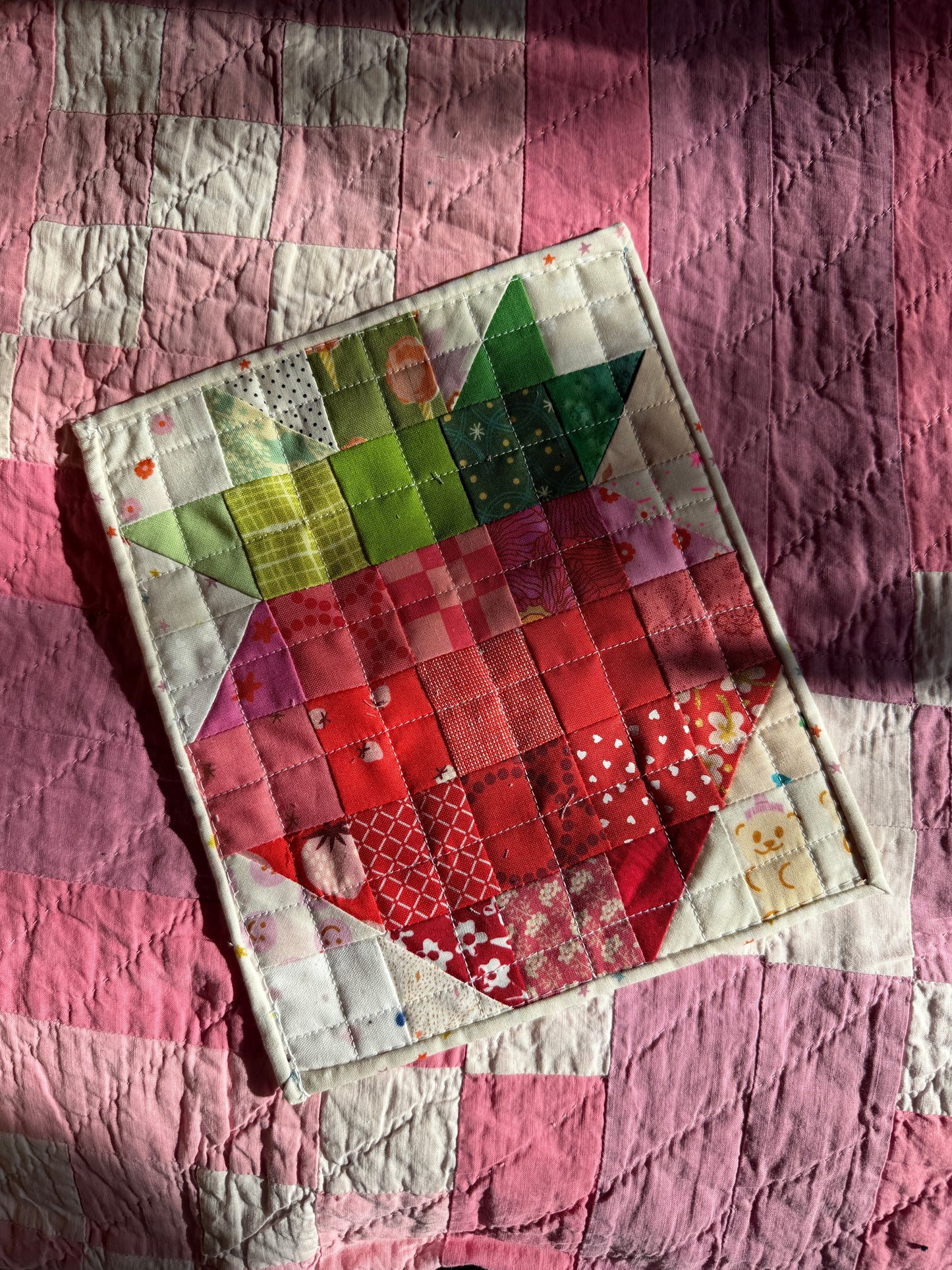 Handmade Sewn Scrappy Strawberry Wall Hanging or Trivet